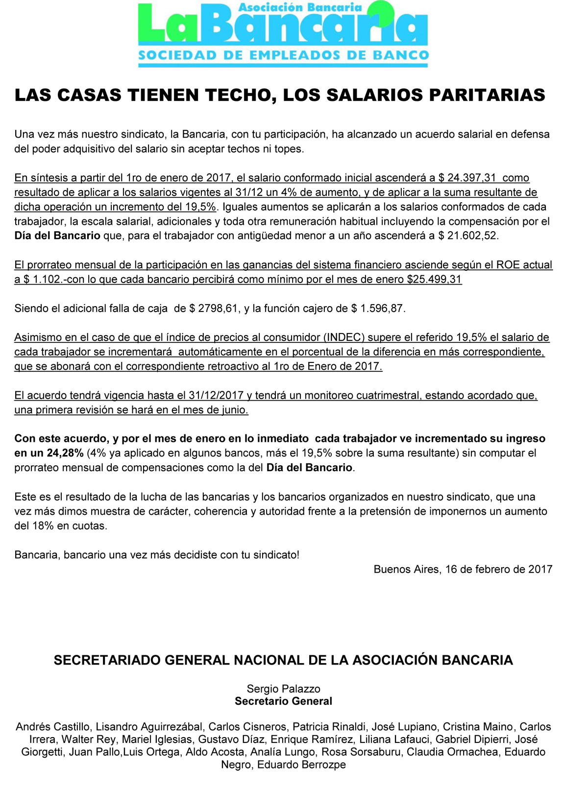 bancarios Comunicado-Las casas tienen techo, los salarios paritarias 